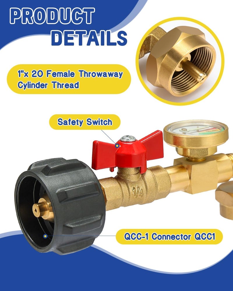 BEEDEFUL Upgraded Propane Refill Adapter with Valve and Gauge, for Filling 1lb Bottles from a 20lb Tank, Fits QCC1/Type1 Propane Tanks and 1lb Disposable Cylinders, Solid Brass, Includes 1x Sealing Tape - Image 4